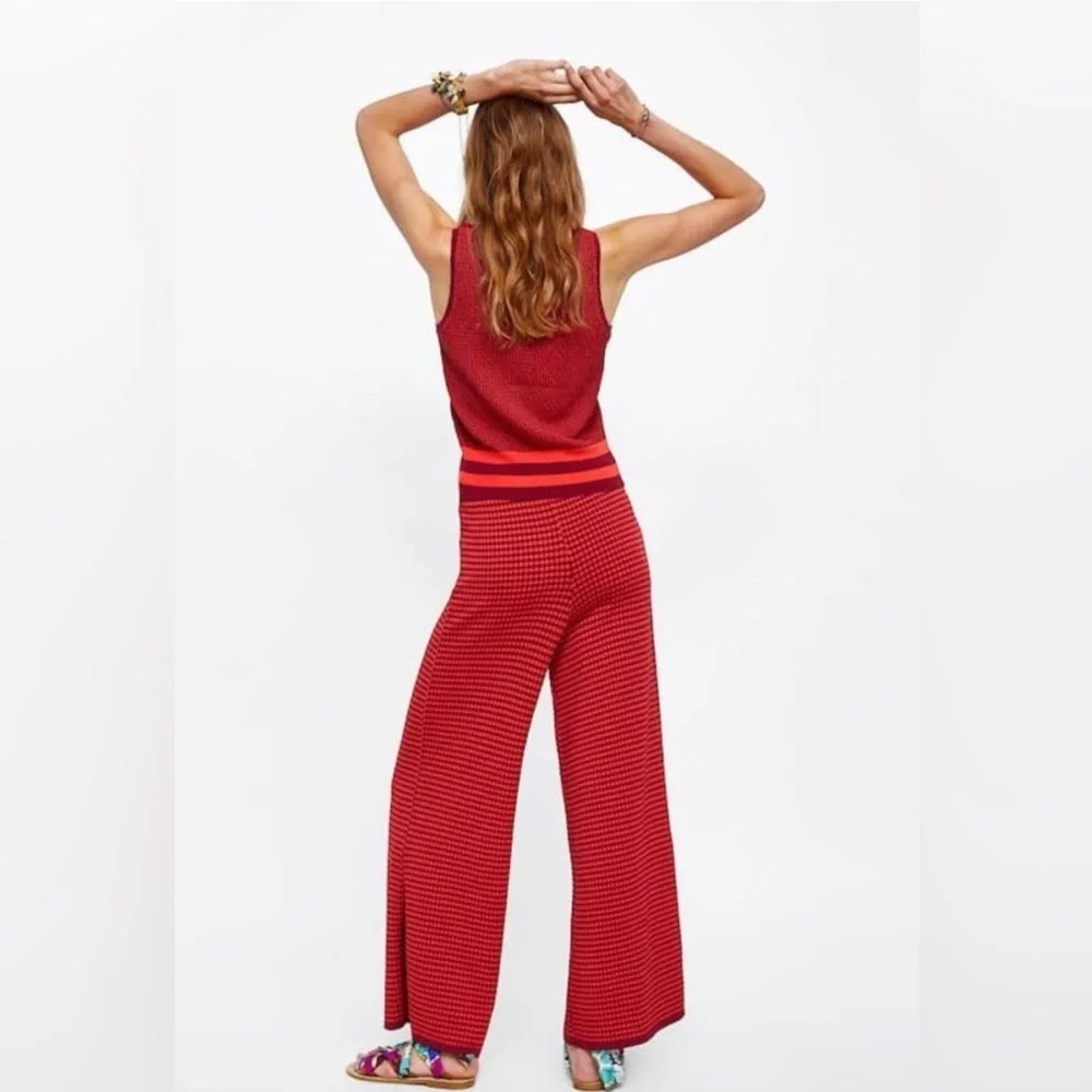 Zara Knit High Waist Two Tone Stretchy Flared Leg Size Small‎ Red Purple Retro - Picture 4 of 11